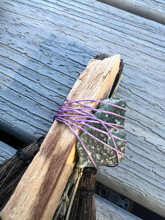 Besom broom with protection crystal and palo santo and lavender