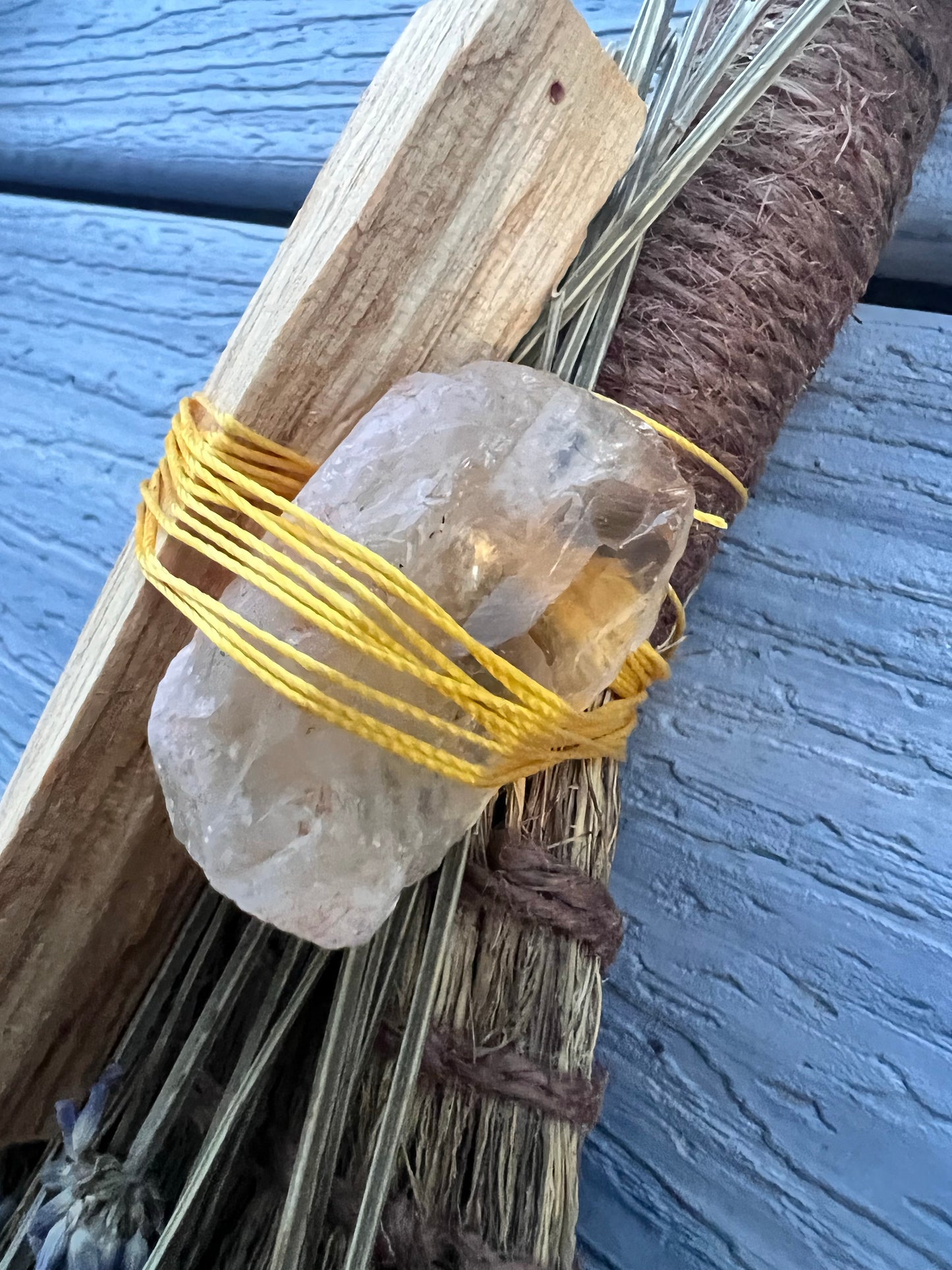 Besom broom with protection crystal and palo santo and lavender