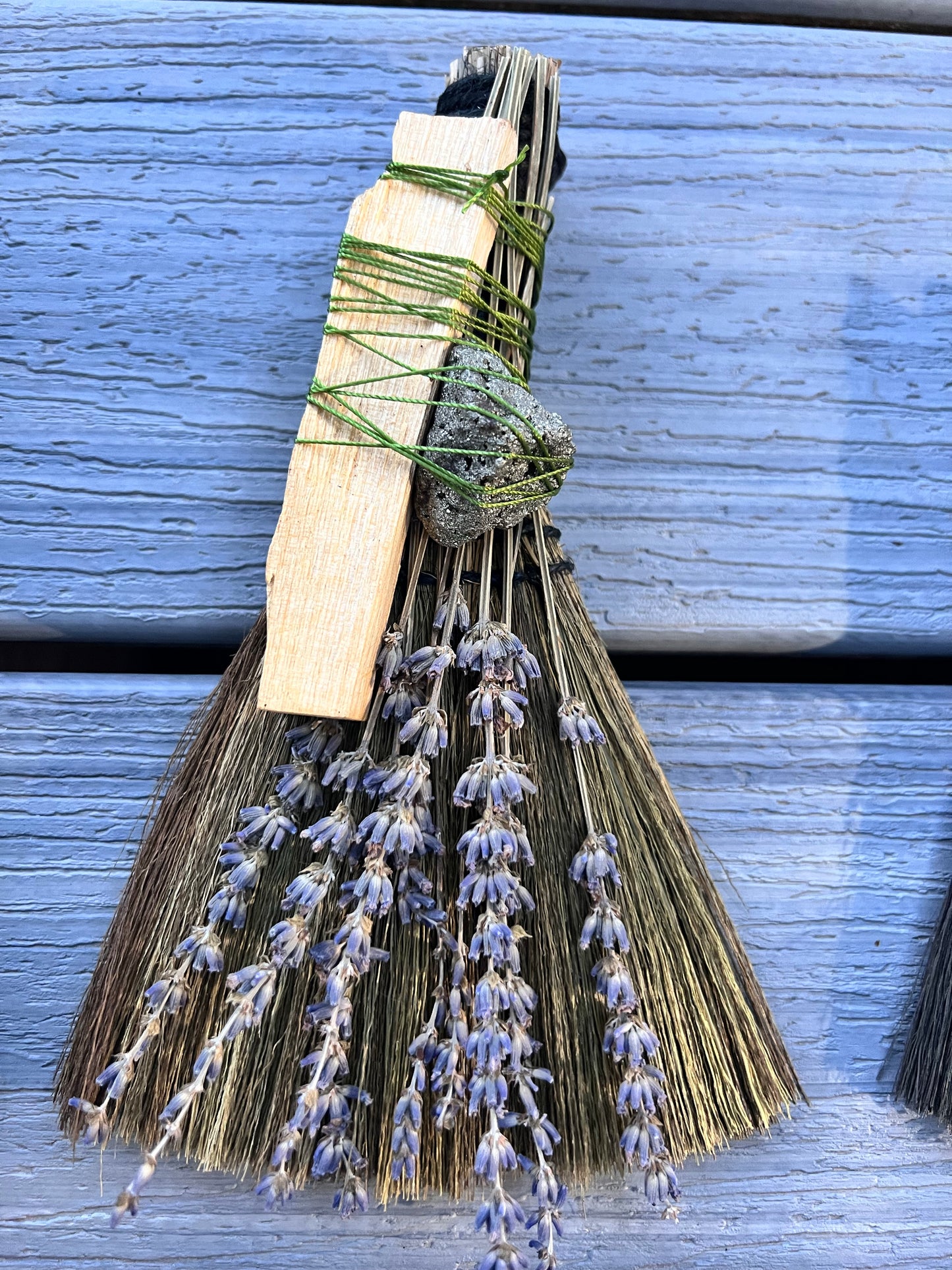 Besom broom with protection crystal and palo santo and lavender