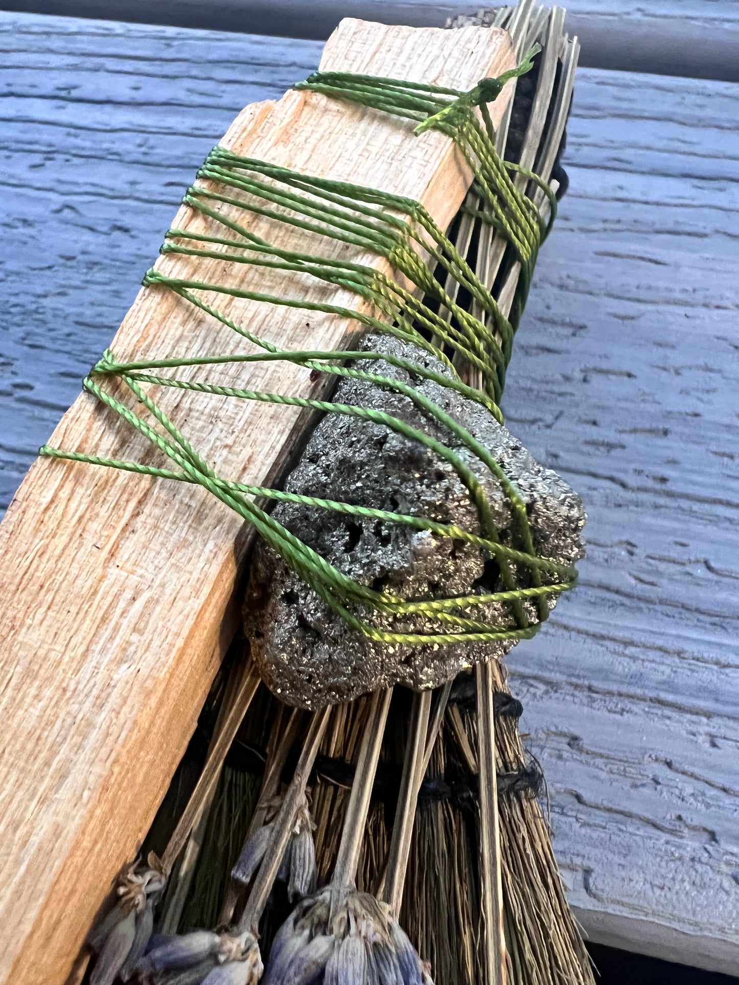 Besom broom with protection crystal and palo santo and lavender